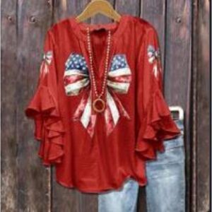 Red Ruffled Women's Top with Patriotic Bow Design